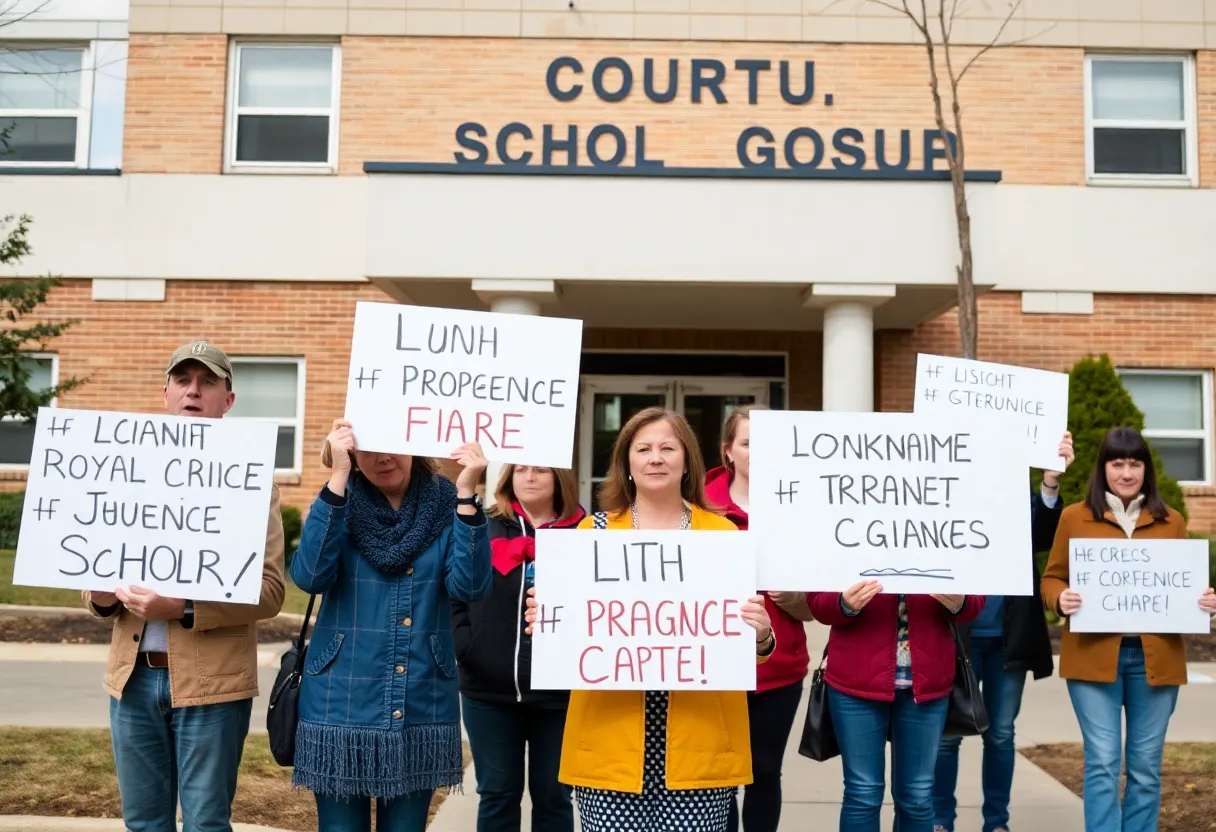 Parents protesting outside a courthouse in Payne County