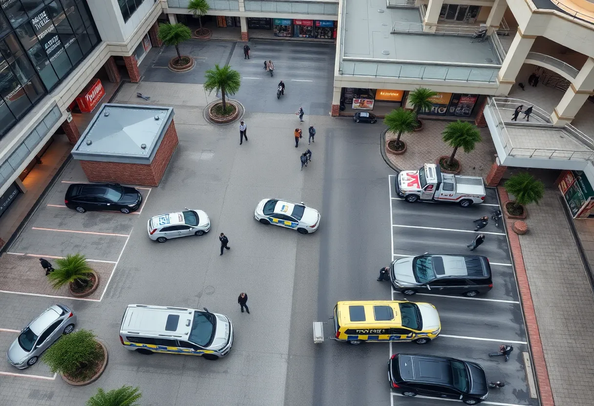 Police and emergency vehicles outside Quail Springs Mall after bomb threat response