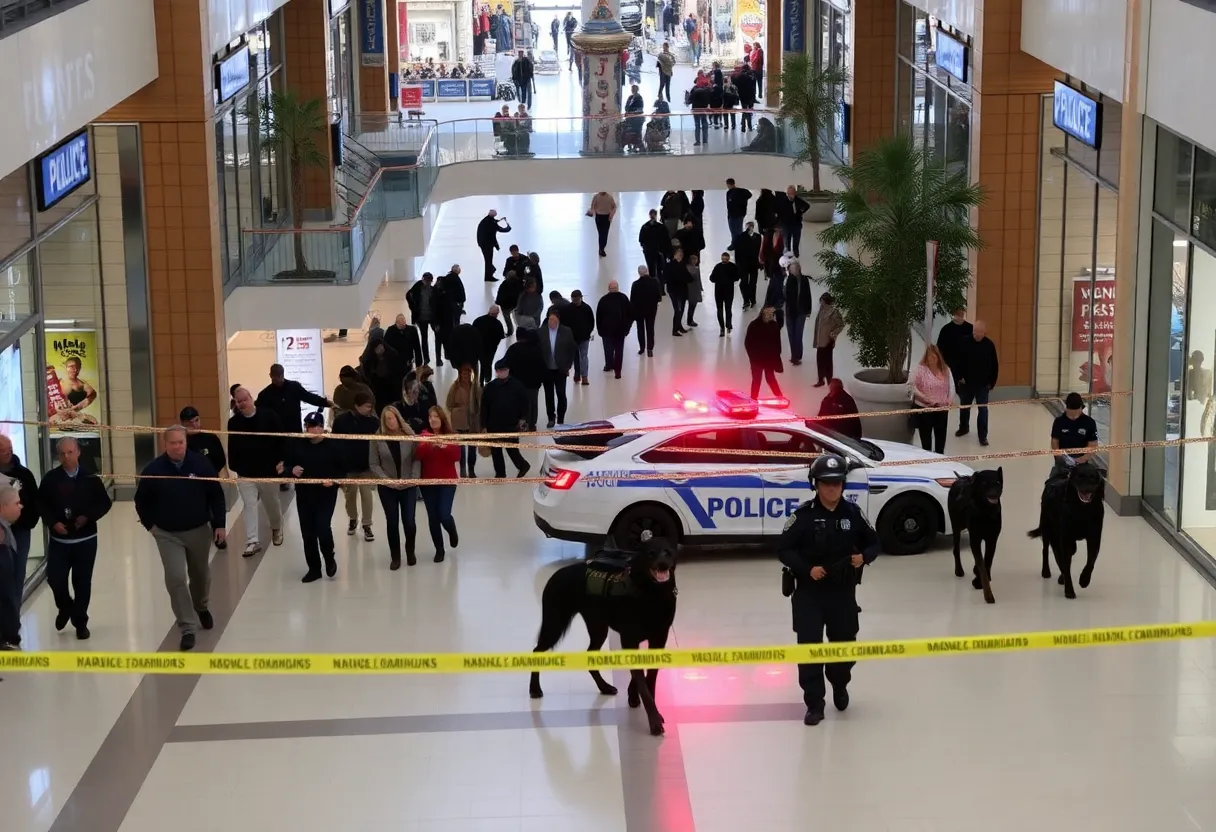 Police and K-9 units responding to a bomb threat evacuation at Quail Springs Mall