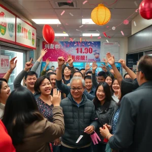 People celebrating inside a convenience store after a lottery win