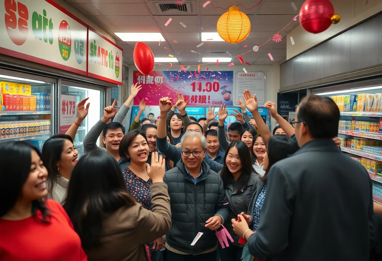 People celebrating inside a convenience store after a lottery win