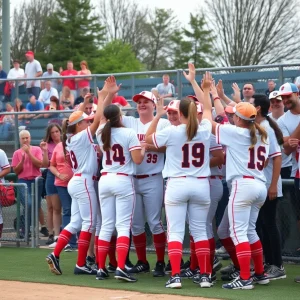 Rose State College Raiders celebrating their regional softball championship win.