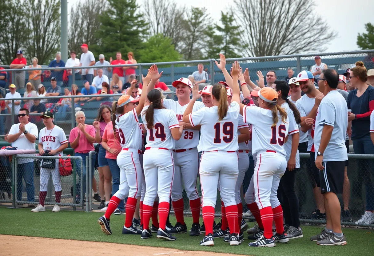 Rose State College Raiders celebrating their regional softball championship win.