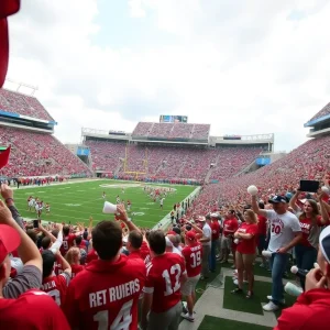 Intense football action scene during the Red River Rivalry at Cotton Bowl