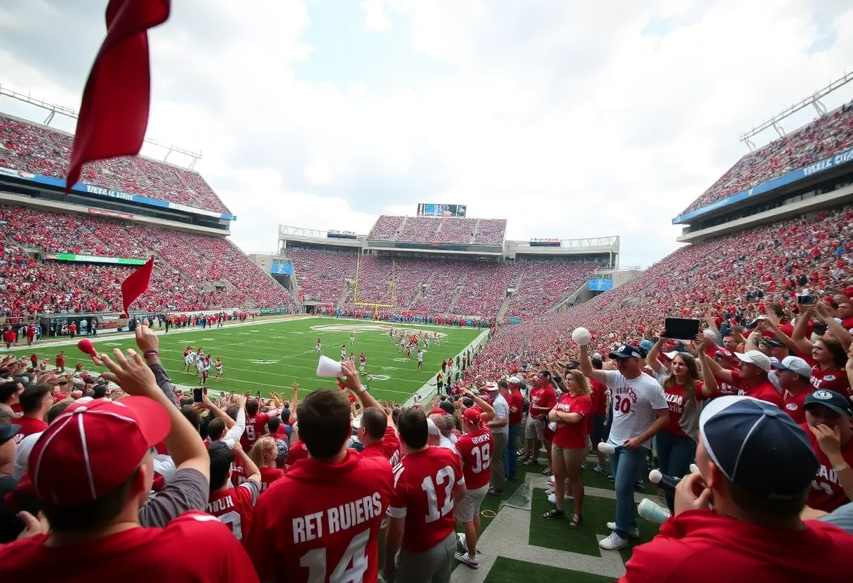 Intense football action scene during the Red River Rivalry at Cotton Bowl