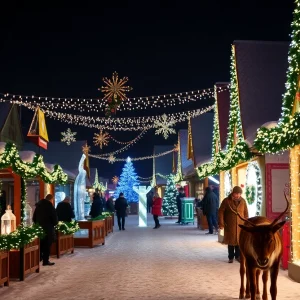 Winter village scene with twinkling lights and festive decorations