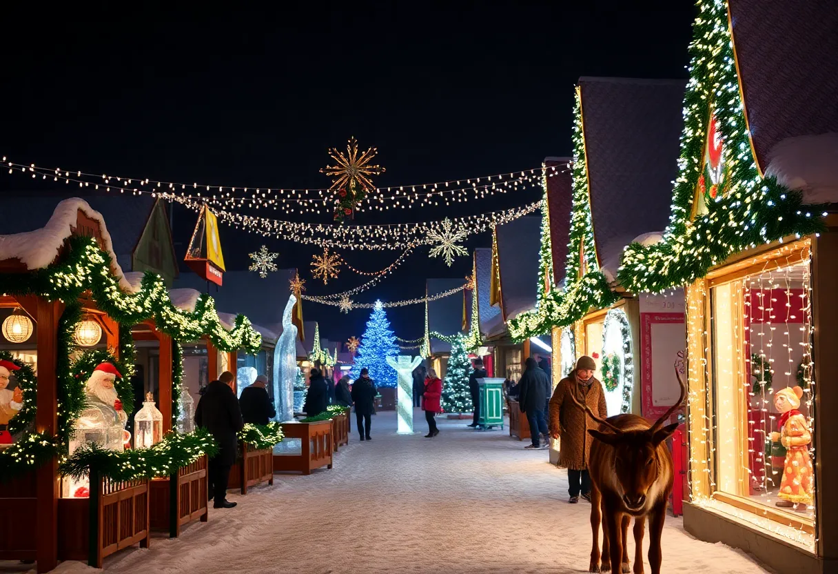 Winter village scene with twinkling lights and festive decorations