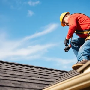 Construction worker installing shingles on a roof in Oklahoma