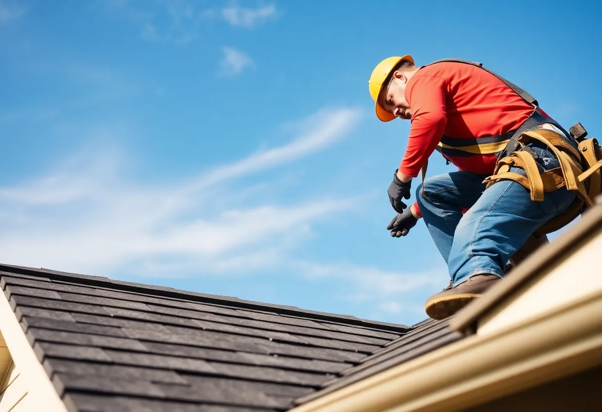 Construction worker installing shingles on a roof in Oklahoma