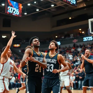 Players from Rose State College and Northern Oklahoma College during a basketball exhibition game.
