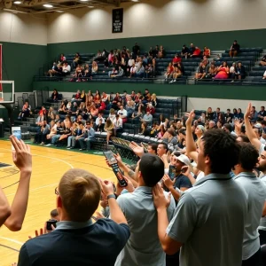 Crowd cheering during Rose State College basketball signing event