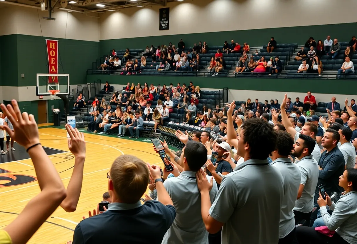 Crowd cheering during Rose State College basketball signing event