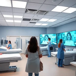 Nursing students in Rose State College's new simulation lab practicing medical procedures.