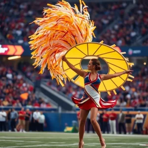 Feature twirler captivating the crowd with athletic performance