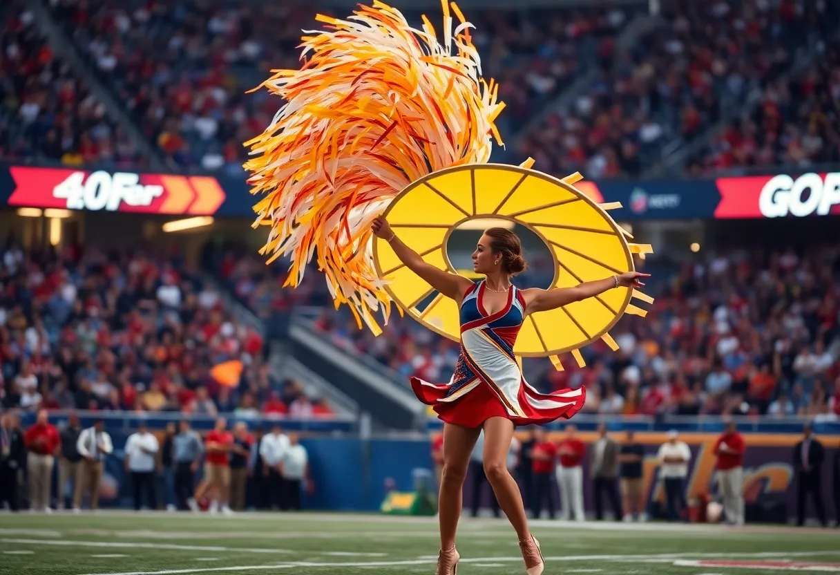 Feature twirler captivating the crowd with athletic performance