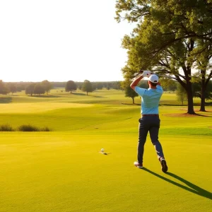 A golfer practicing on a picturesque Oklahoma golf course.