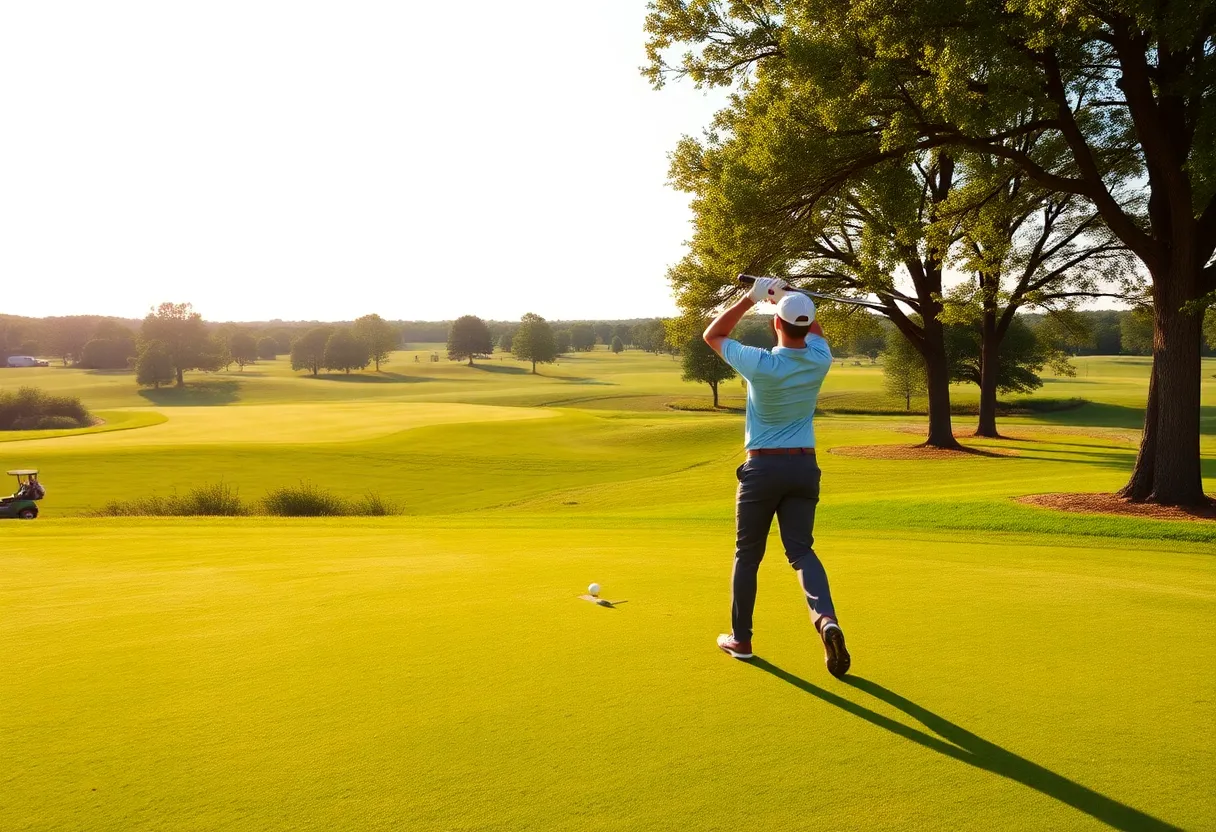 A golfer practicing on a picturesque Oklahoma golf course.