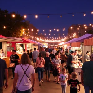 Vibrant night market at Scissortail Park in Oklahoma City with food trucks and artisan vendors.