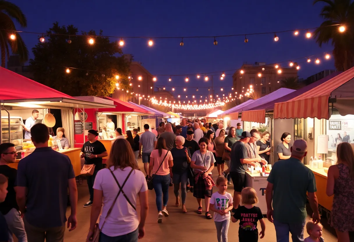 Vibrant night market at Scissortail Park in Oklahoma City with food trucks and artisan vendors.
