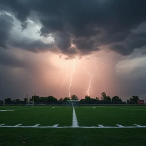 Football field being prepared for severe weather conditions with dark clouds overhead.