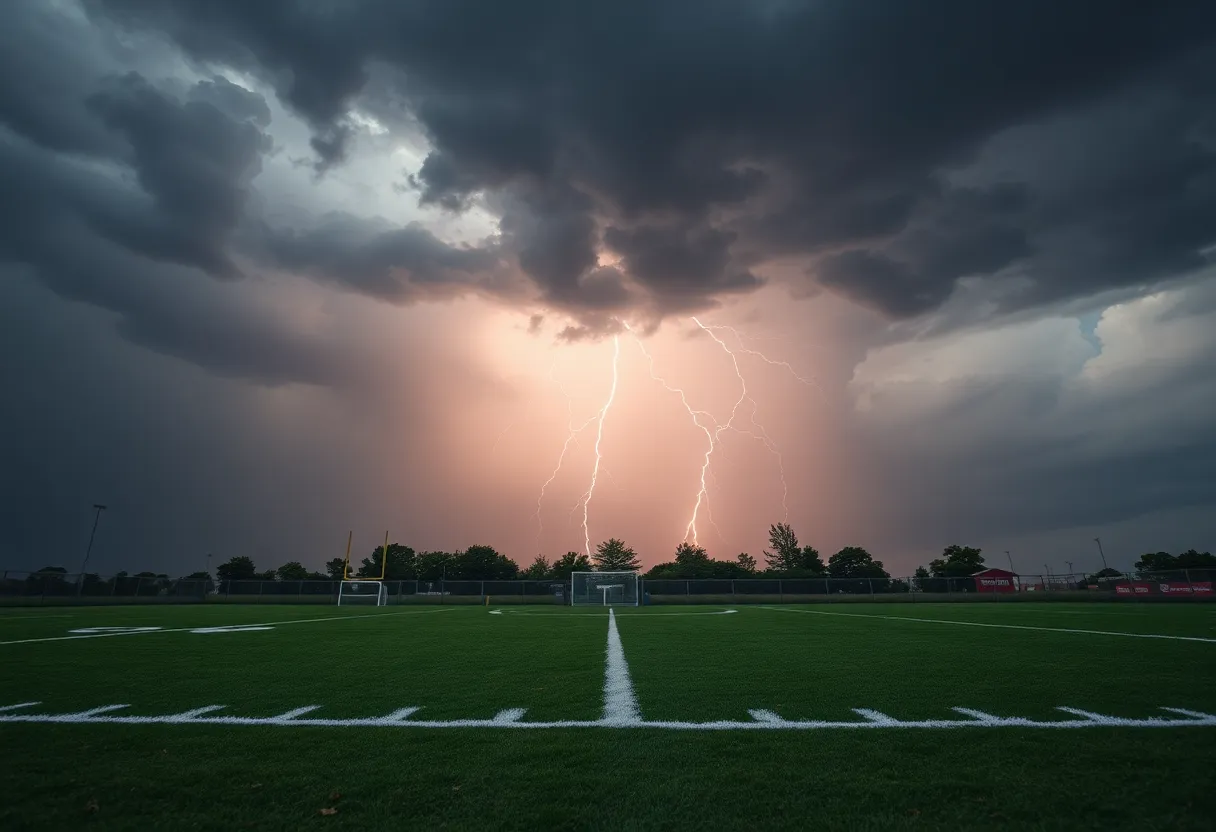 Football field being prepared for severe weather conditions with dark clouds overhead.