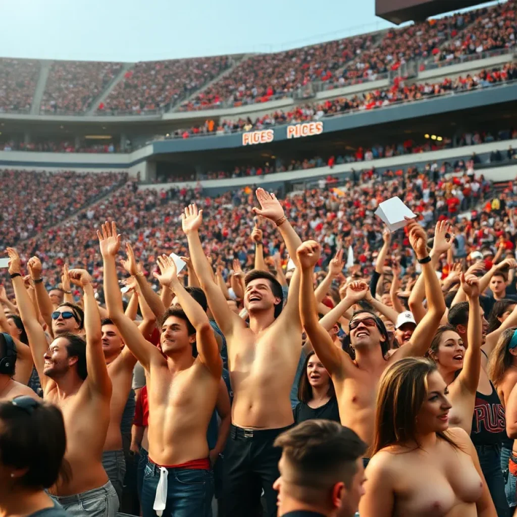 Enthusiastic shirtless fans cheering at Oklahoma State football game