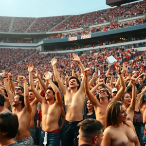 Enthusiastic shirtless fans cheering at Oklahoma State football game