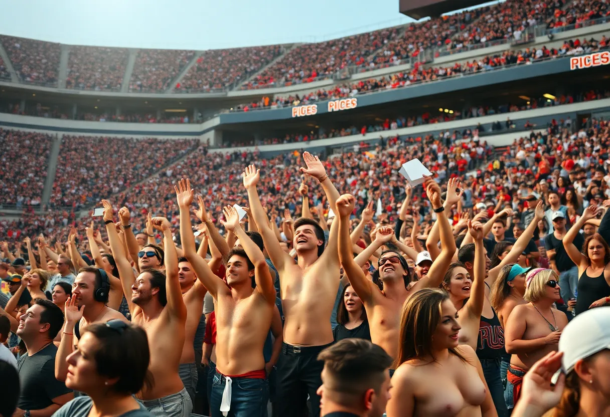 Enthusiastic shirtless fans cheering at Oklahoma State football game