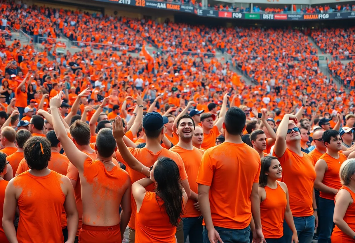 A sea of shirtless orange-painted fans in Boone Pickens Stadium