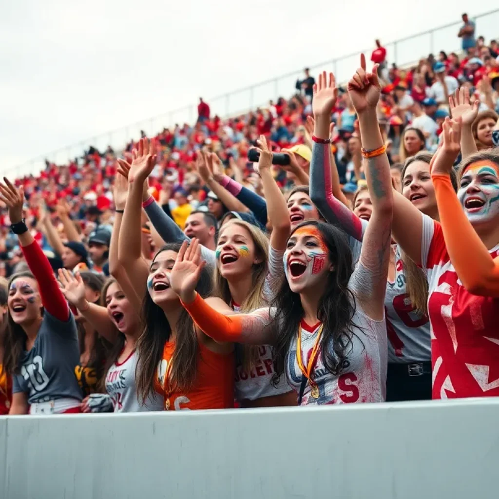 Energetic OSU student section with painted bodies cheering for the Cowboys