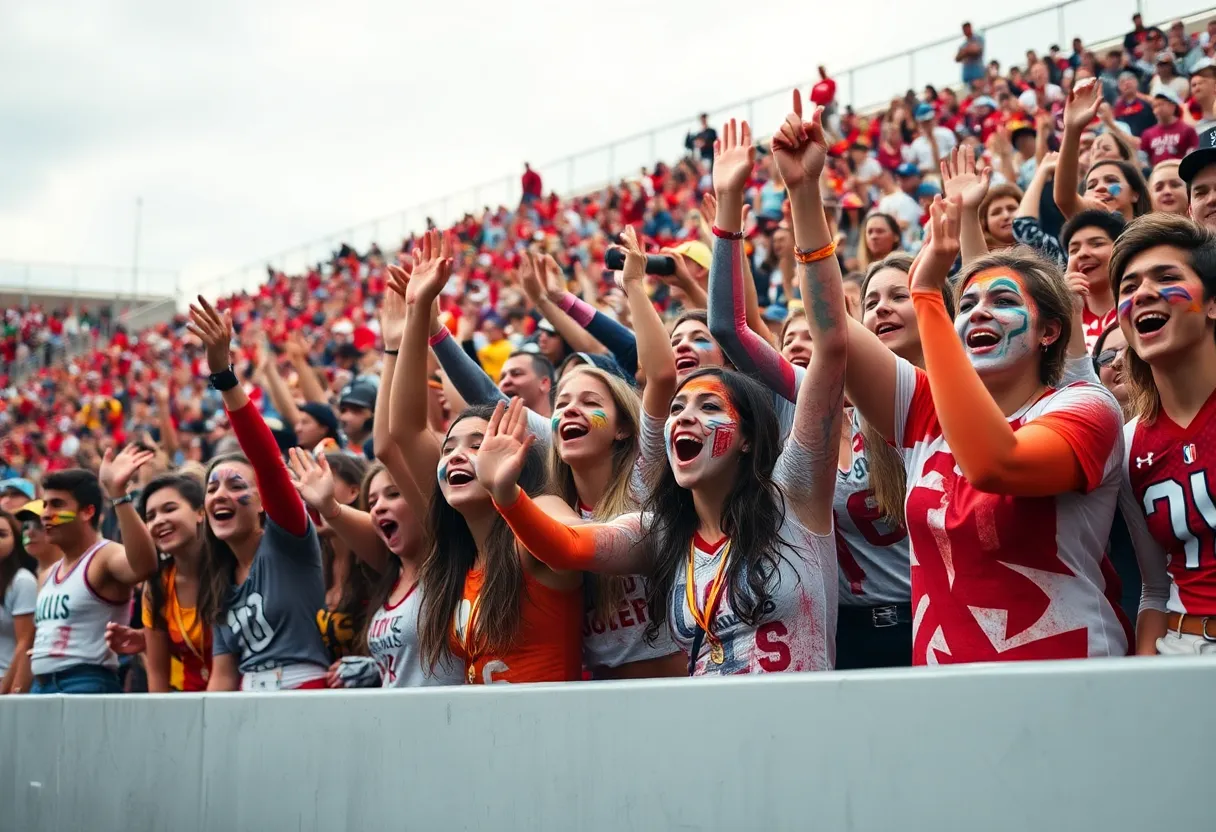 Energetic OSU student section with painted bodies cheering for the Cowboys
