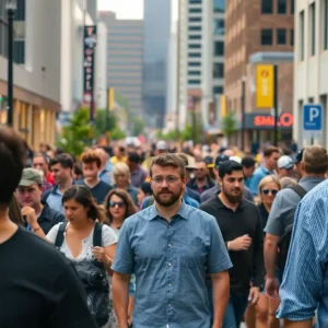 Crowded downtown Oklahoma City street during daytime