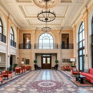 Renovated lobby of Skirvin Hilton Hotel showcasing modern and historic design elements.