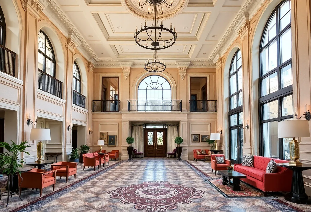 Renovated lobby of Skirvin Hilton Hotel showcasing modern and historic design elements.