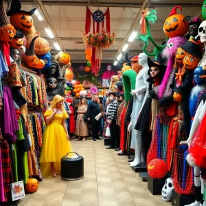A lively Halloween costume shop in Tulsa with various unique costumes and props