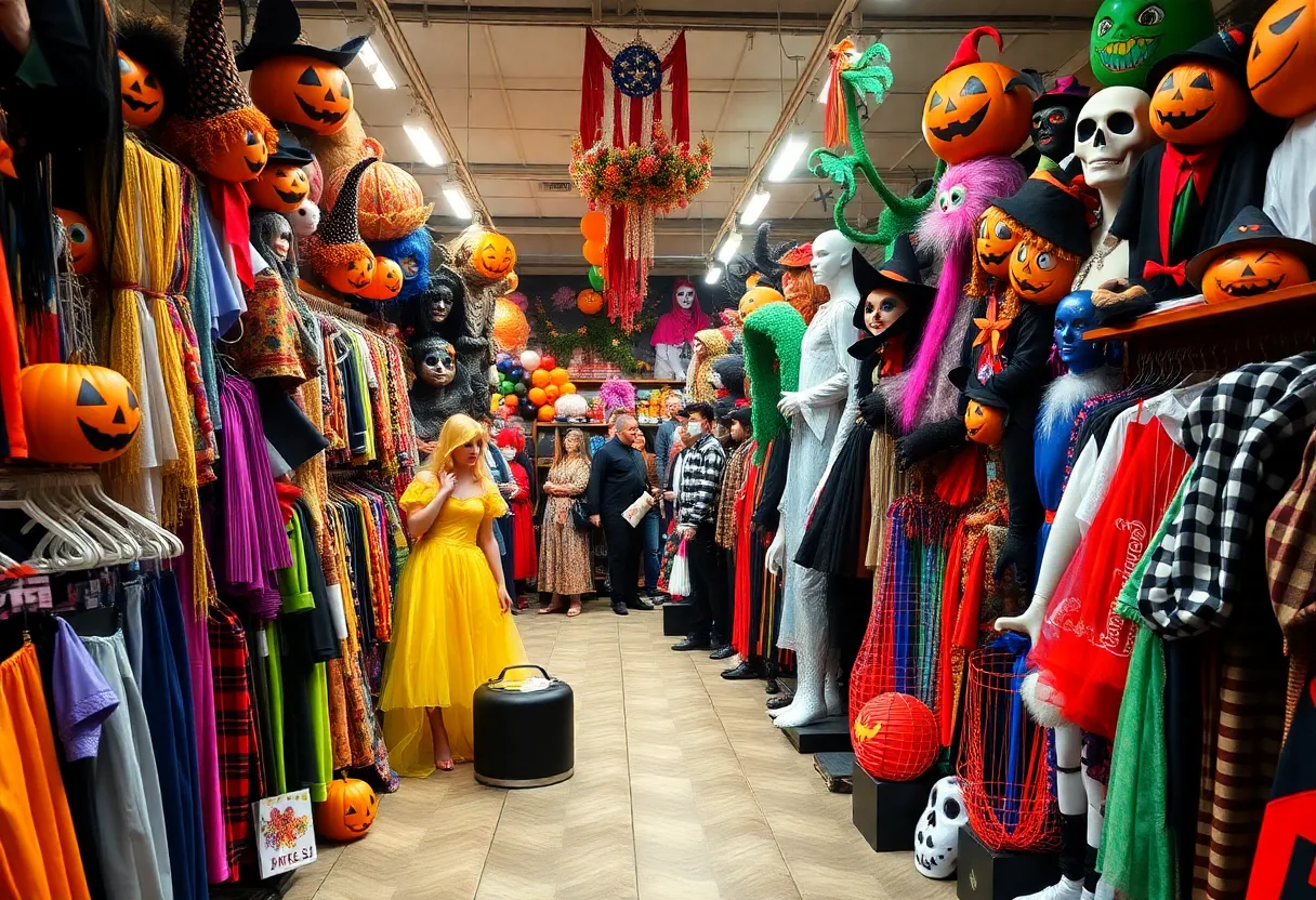 A lively Halloween costume shop in Tulsa with various unique costumes and props