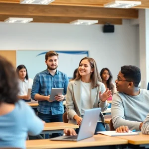A diverse group of students participating in a business learning environment.