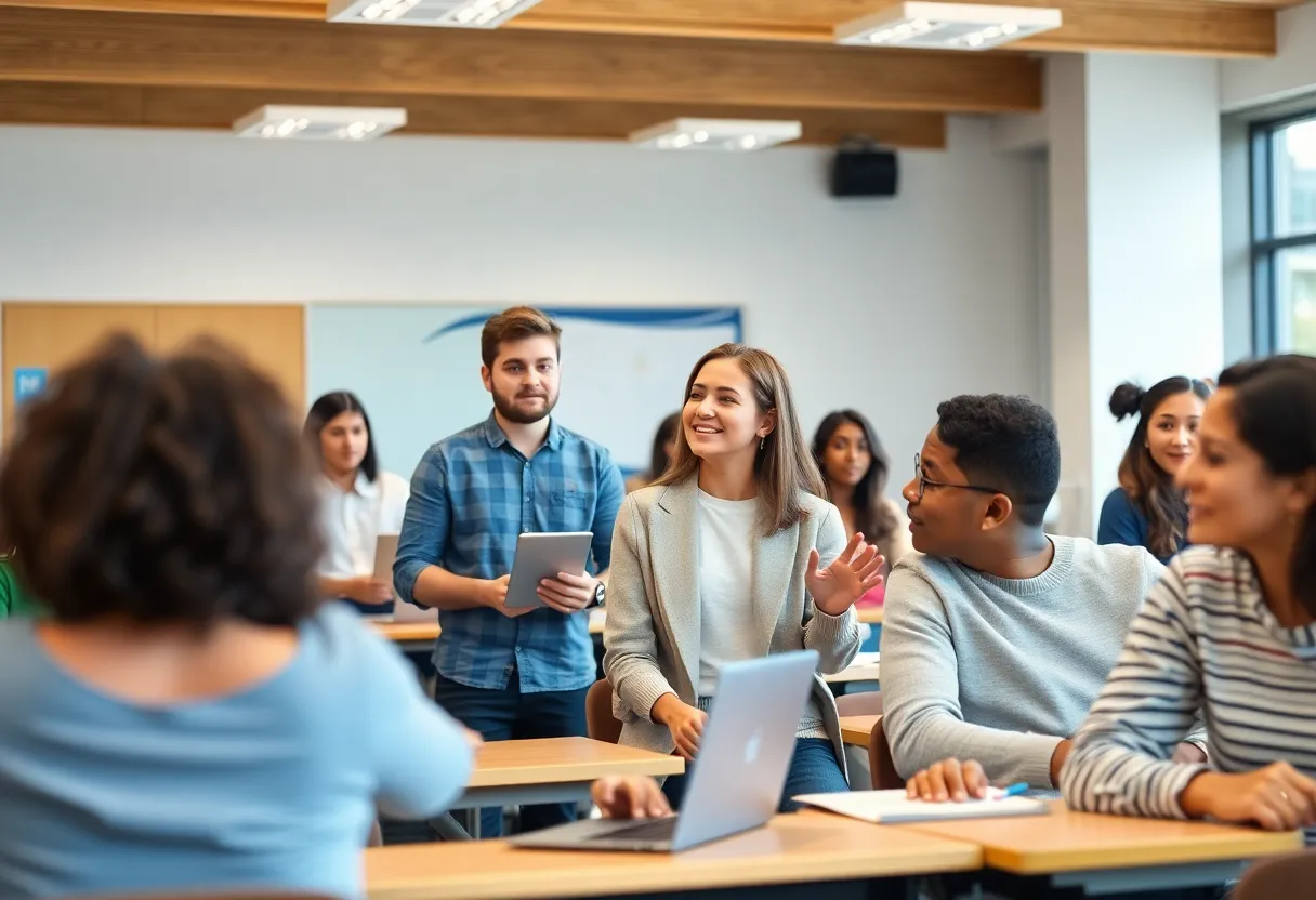 A diverse group of students participating in a business learning environment.