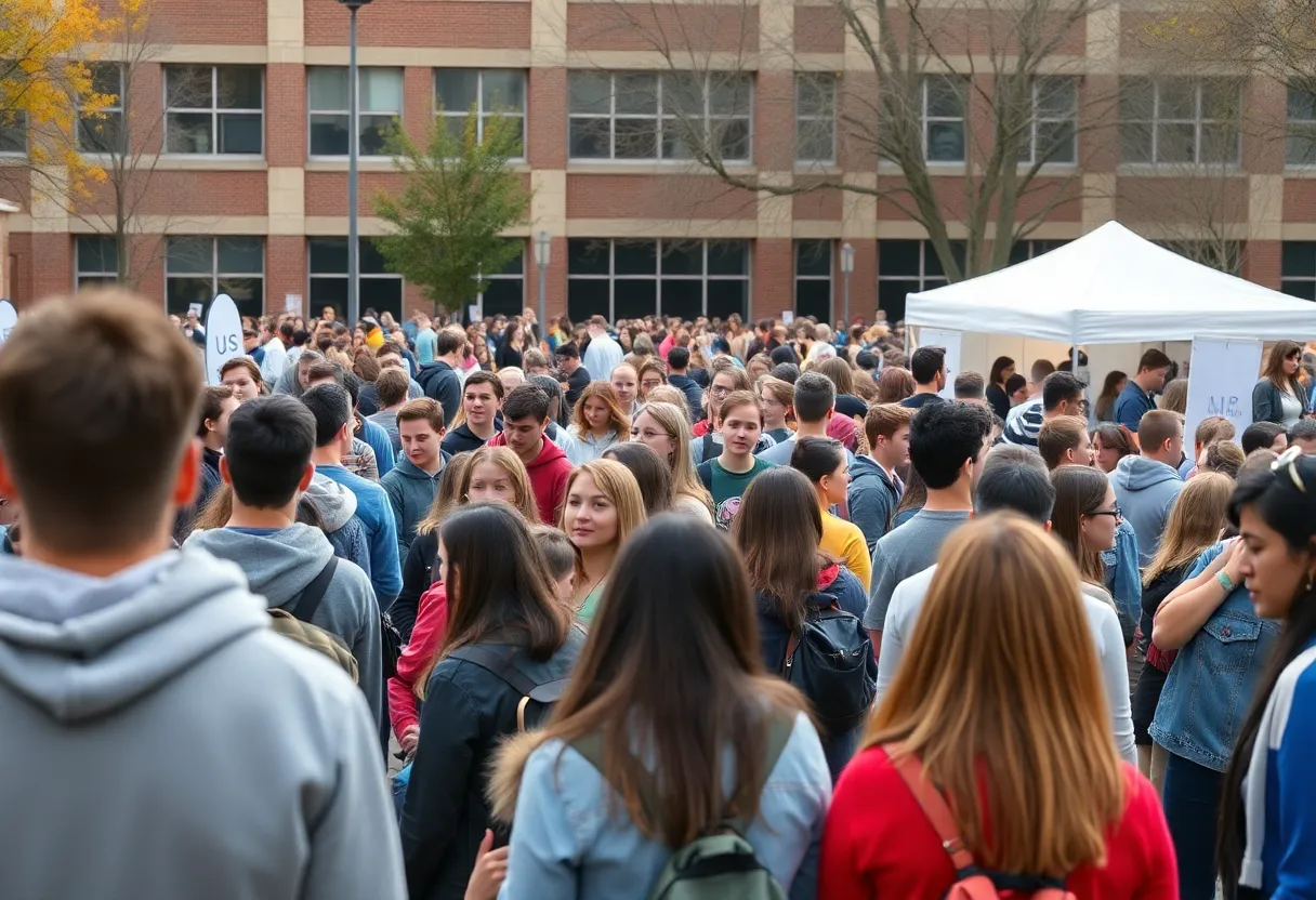 Students participating in a substance abuse awareness event with mock crash demonstrations.