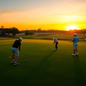 Players practicing at sunset on a golf course
