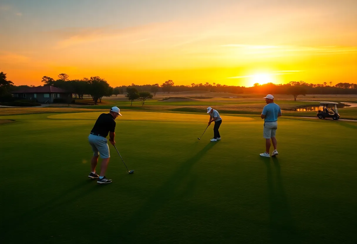 Players practicing at sunset on a golf course