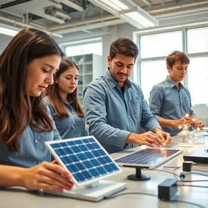 Sustainable engineering lab at Oklahoma City University with students working on solar panel prototypes.