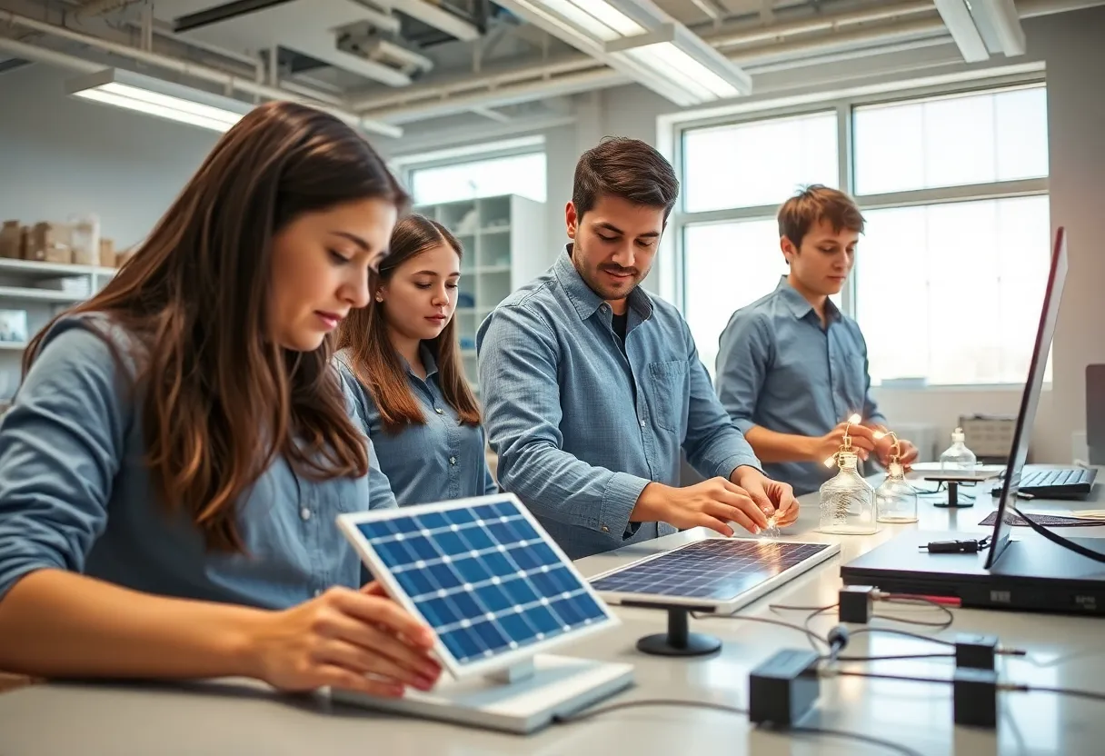 Sustainable engineering lab at Oklahoma City University with students working on solar panel prototypes.