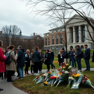 Memorial with flowers at Southwestern Oklahoma State University in remembrance of a student.