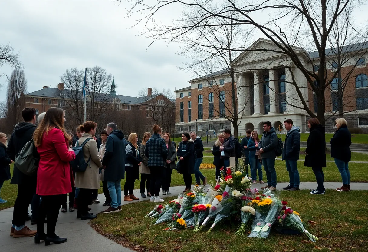 Memorial with flowers at Southwestern Oklahoma State University in remembrance of a student.