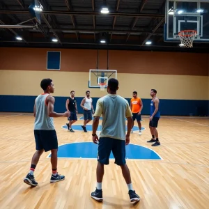 A group of basketball players practicing together on the court.