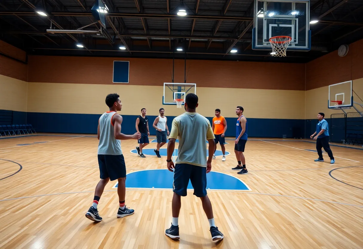 A group of basketball players practicing together on the court.