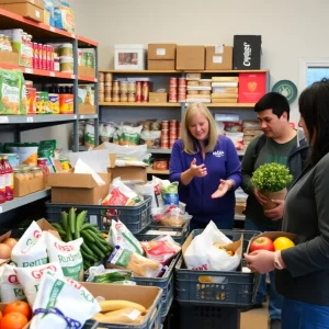 Volunteers at the Tinker Air Force Base food pantry providing assistance to military families.