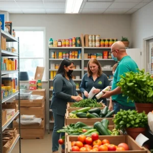 Volunteers at Tinker Food Pantry distributing food supplies to families