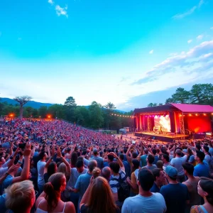 A lively outdoor concert scene featuring an excited crowd at the Zoo Amphitheatre.
